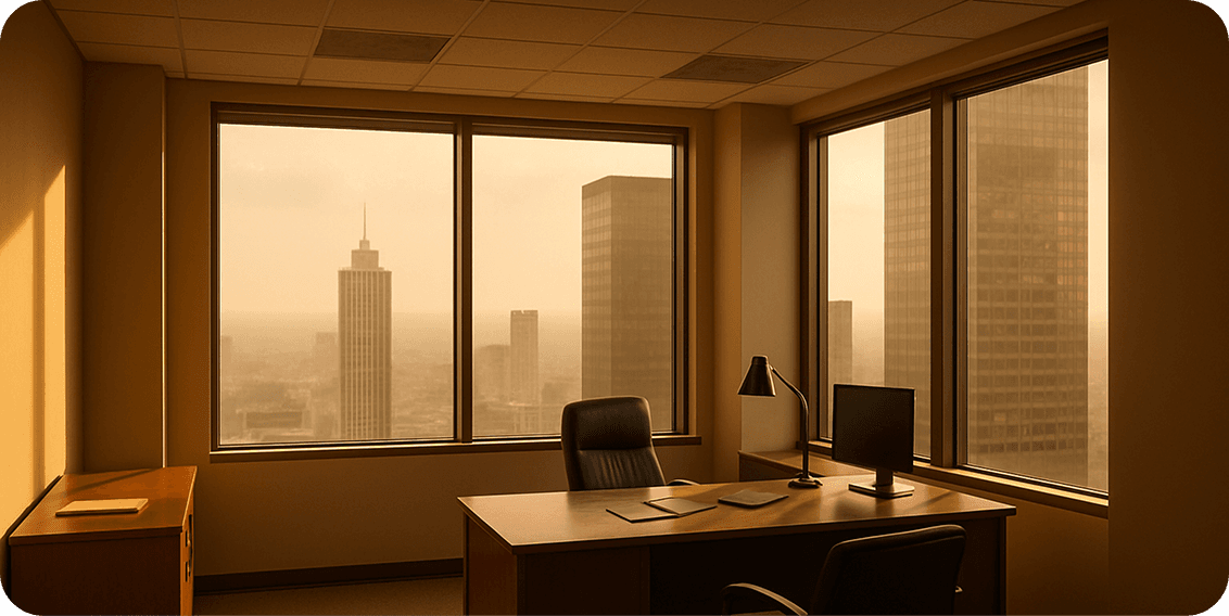 Corporate office with city skyline view