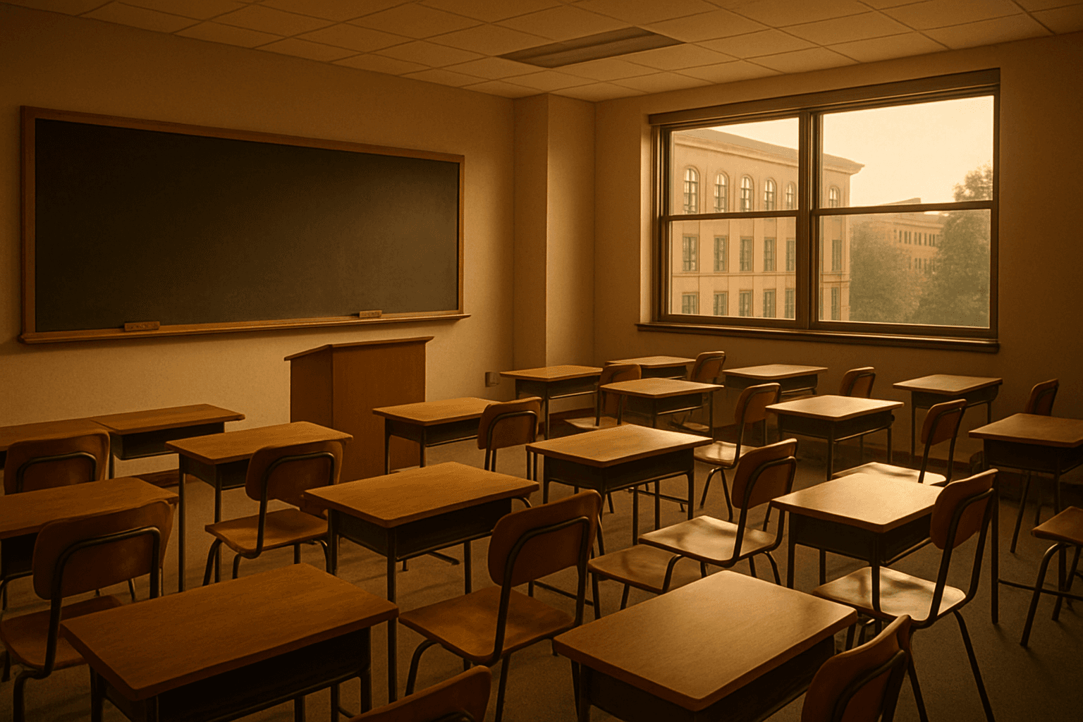 Modern classroom with wooden desks and warm lighting