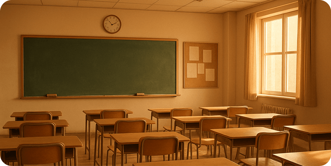 Modern classroom with wooden desks and warm lighting